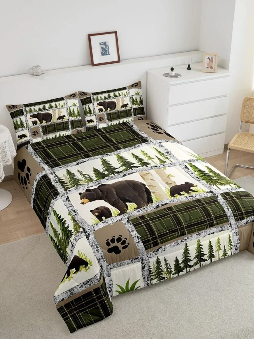 Kids Adult Rustic Cabin Comforter Set,Rustic Bear Bedding Set Queen Size,Forest